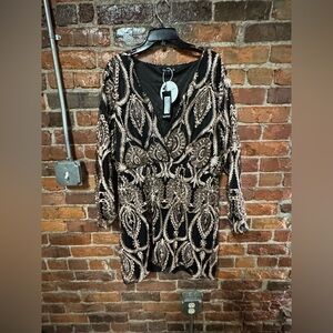 Boohoo Black Dress with Gold Embroidery NWT Size 18